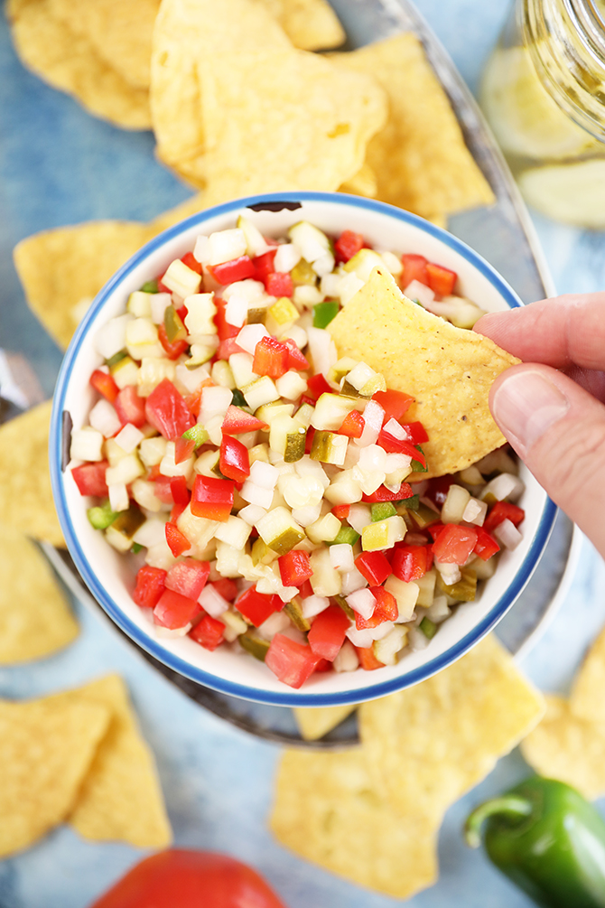 Scoop of Pickle de Gallo with chip