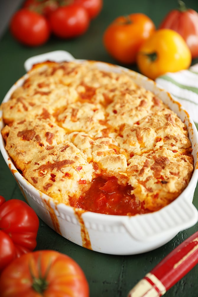 Tomato Cobbler with Pimento Cheese Biscuits