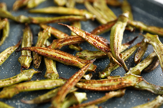 Crispy Roasted Okra on a sheet pan