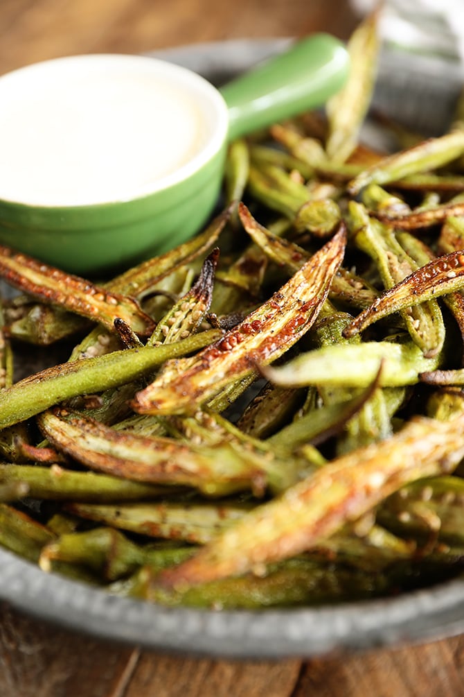 Crispy Roasted Okra with Creamy Lemon Dressing