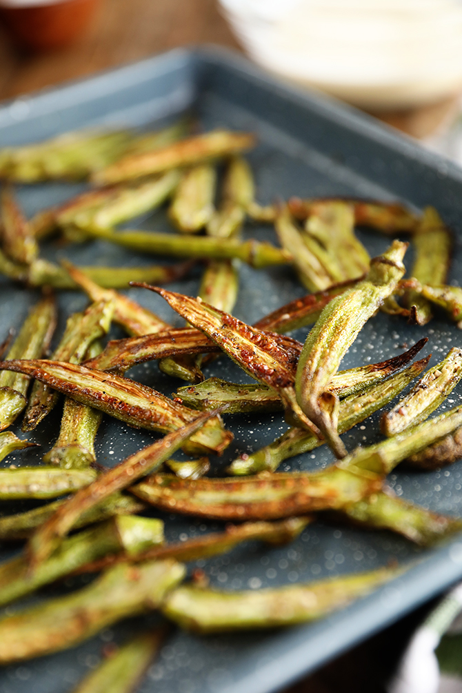Crispy Roasted Okra on a sheet pan