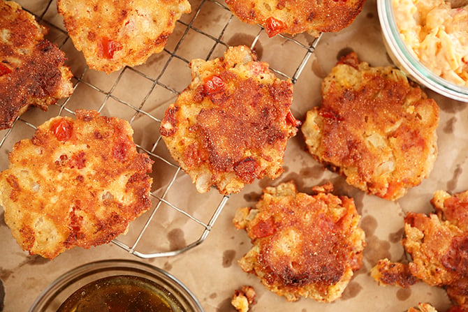 Tomato and Pimento Cheese Fritters on brown paper