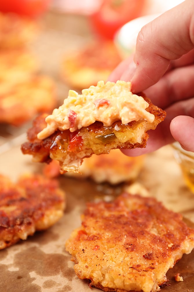 Tomato and Pimento Cheese Fritter topped with pimento cheese