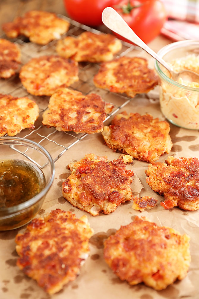 Tomato and Pimento Cheese Fritters on brown paper