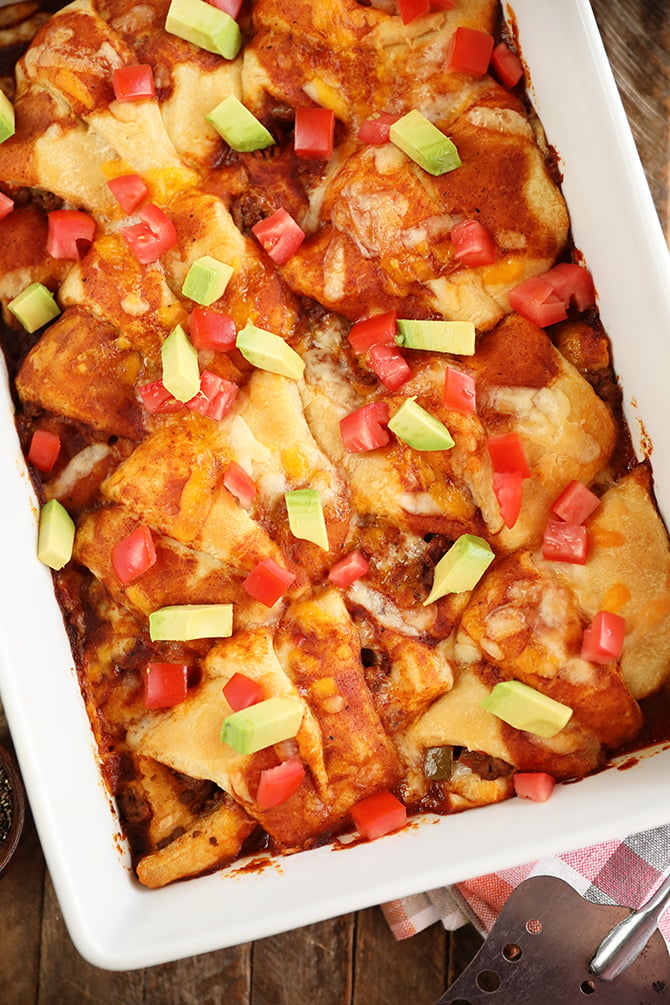 Enchilada Crescent Roll-Ups in a baking dish