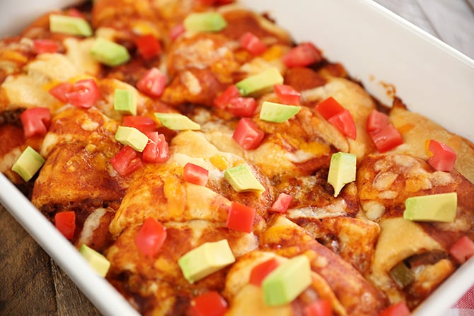 Enchilada Crescent Roll-Ups in a baking dish