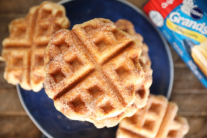 overhead view of Cinnamon Sugar Biscuit Waffles
