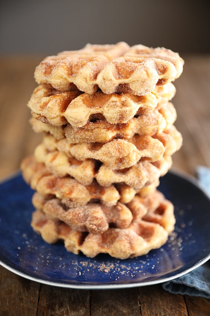 side view of Cinnamon Sugar Biscuit Waffles stack