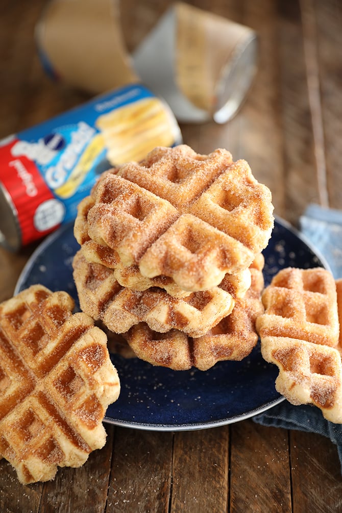 Cinnamon Sugar Biscuit Waffles on a blue plate