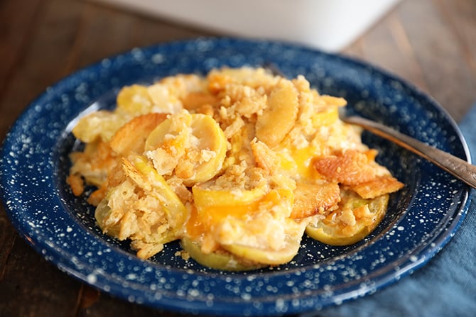 plate with Ultimate Cheesy Squash Casserole