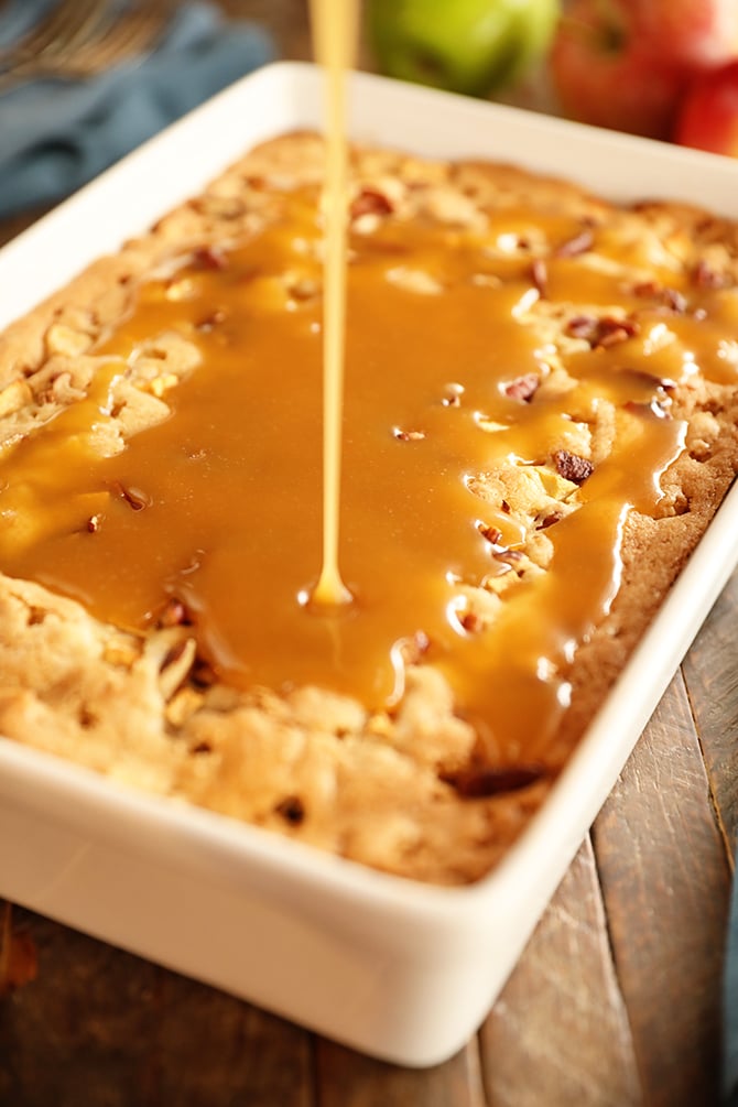 Caramel Sauce being drizzled over Apple Dapple Cake