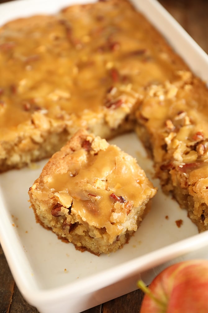 Pice of Apple Dapple Cake in a 9x13 pan