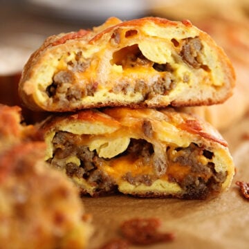 Peices of Breakfast Stromboli stacked