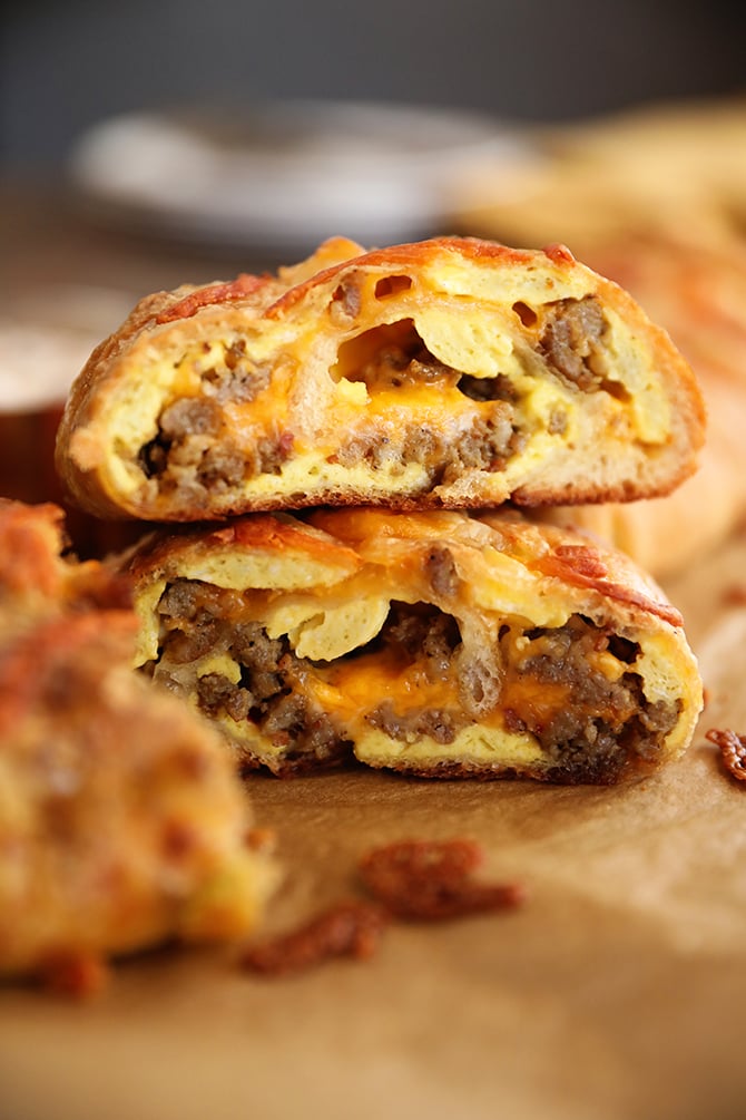 Peices of Breakfast Stromboli stacked