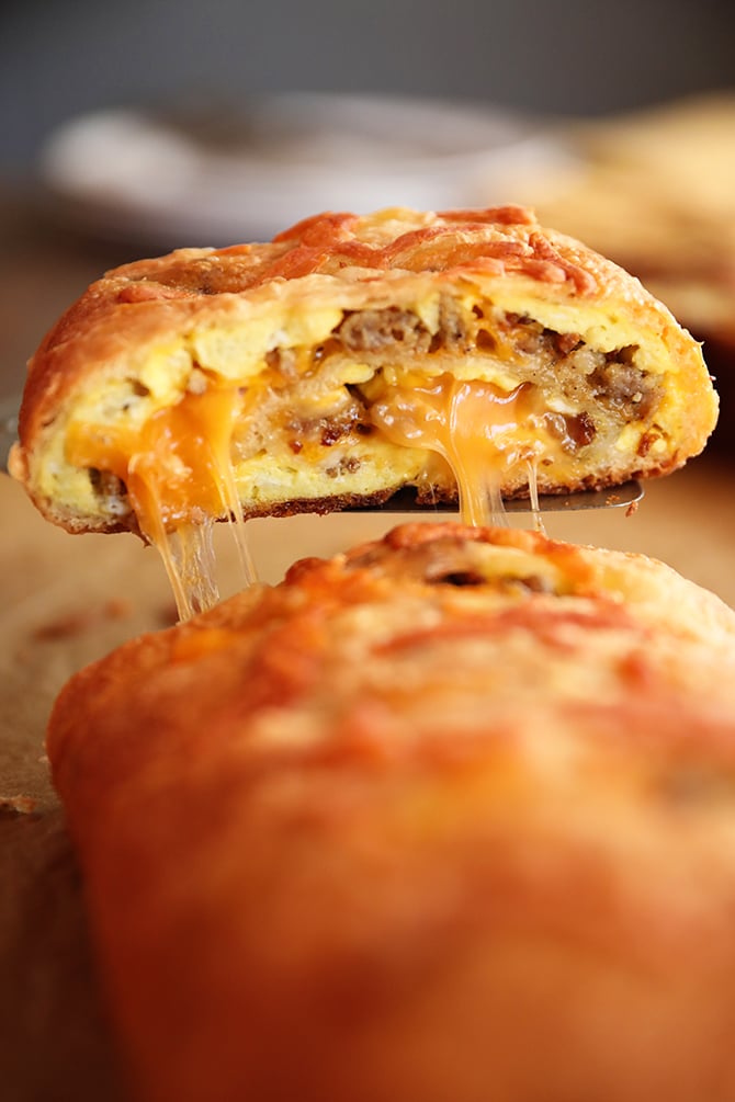 Breakfast Stromboli cheese pull