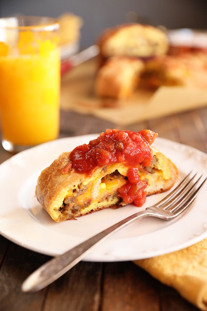 Slice of Breakfast Stromboli with salsa