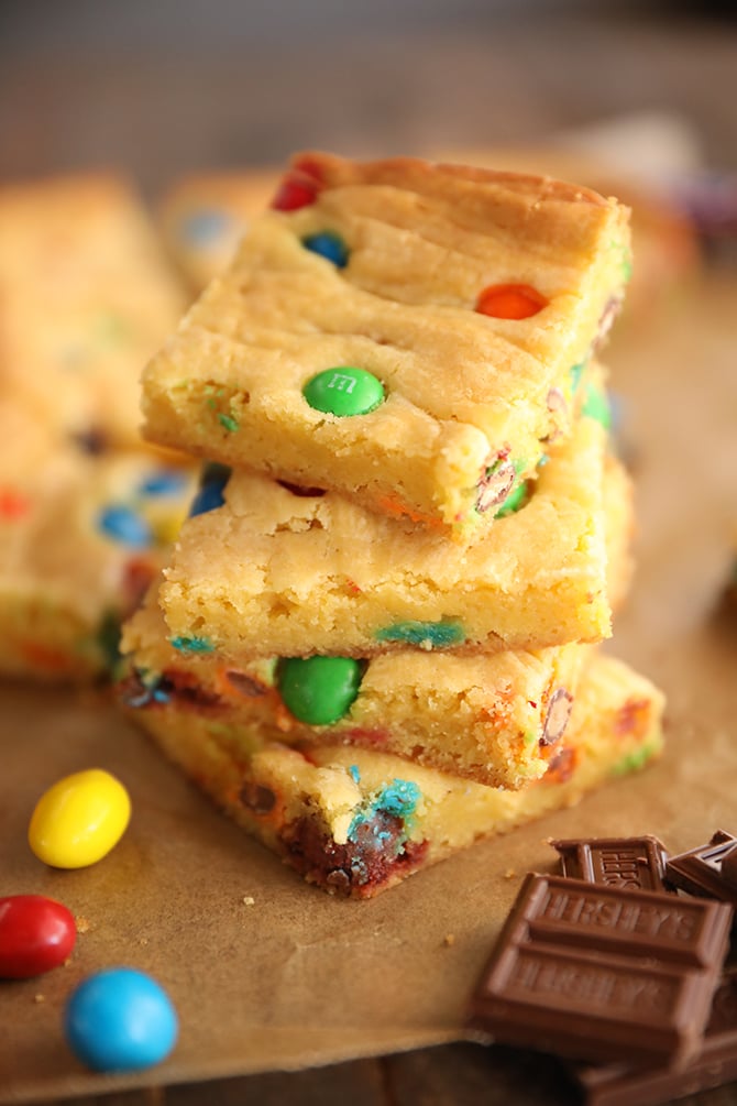 stack of squares of Cake Mix Cookie Bars