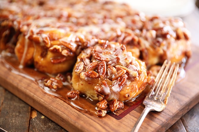 Close up of Shortcut Caramel Pecan Cinnamon Rolls
