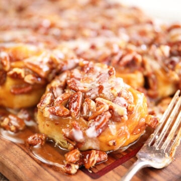 Close up of Shortcut Caramel Pecan Cinnamon Rolls