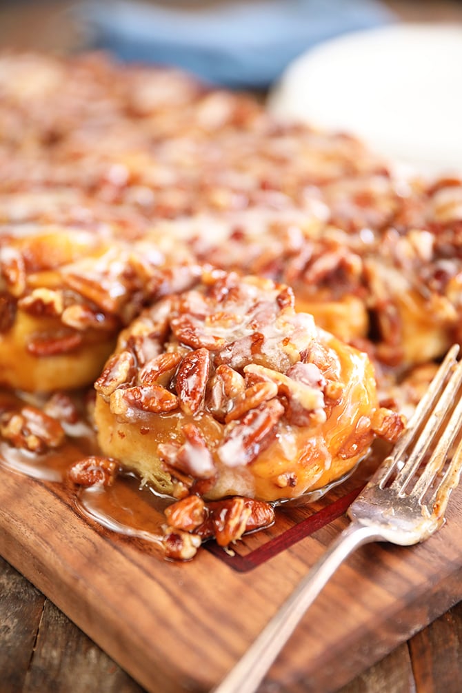 Close up of Shortcut Caramel Pecan Cinnamon Rolls