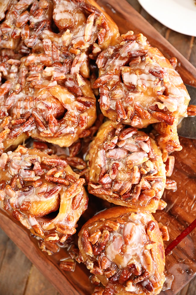Overhead view of Shortcut Caramel Pecan Cinnamon Rolls