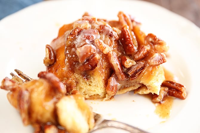 Closeup of Shortcut Caramel Pecan Cinnamon Roll on a plate