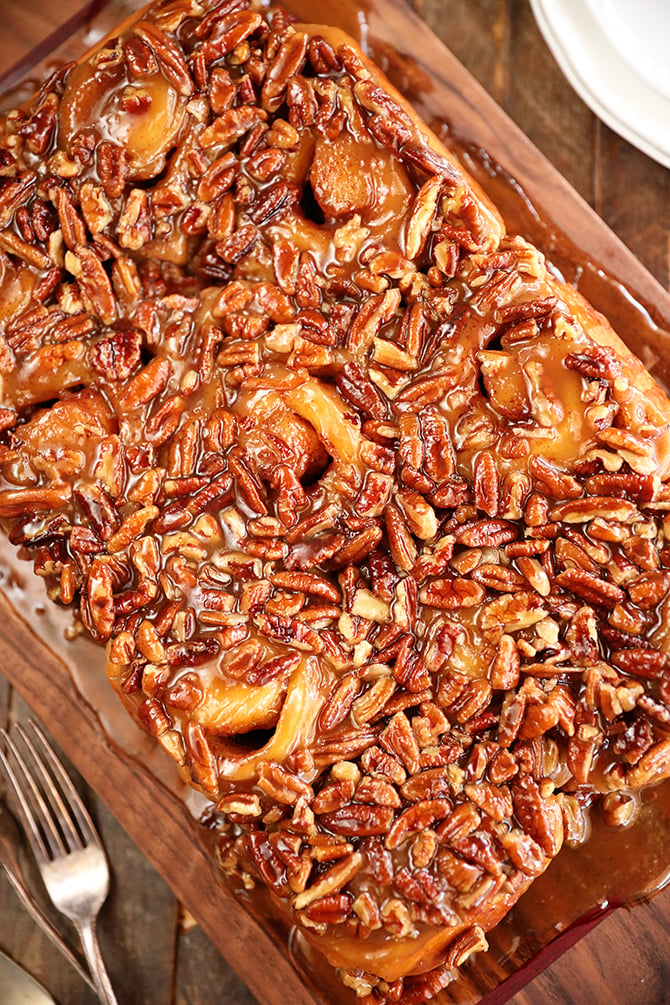 Overhead view of Shortcut Caramel Pecan Cinnamon Rolls