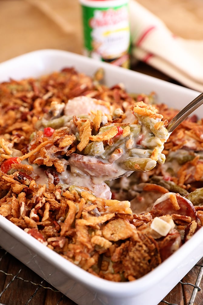Scoop of Crunchy Creole Green Bean Casserole