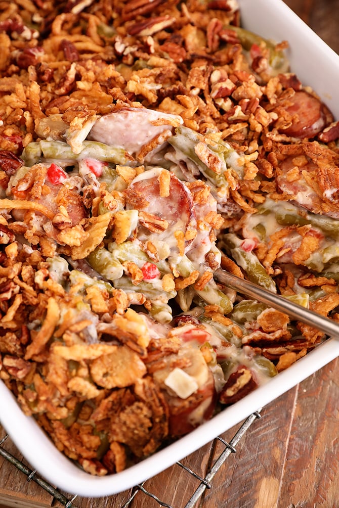 Scoop of Crunchy Creole Green Bean Casserole