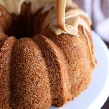Drizzle of glaze on Peanut Butter Cream Pound Cake