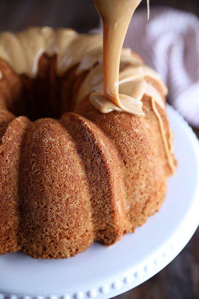 Drizzle of glaze on Peanut Butter Cream Pound Cake