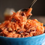 Carrot Cranberry Salad in a blue bowl