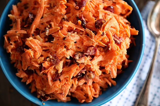 Carrot Cranberry Salad in a blue bowl