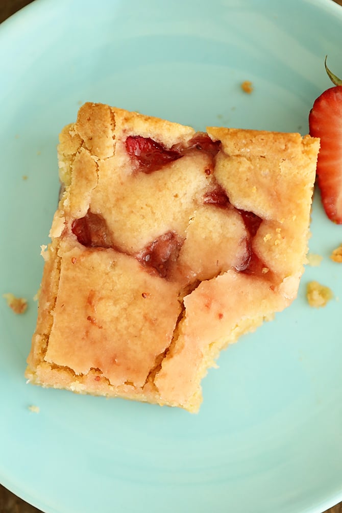 One Strawberry blondie with bite missing