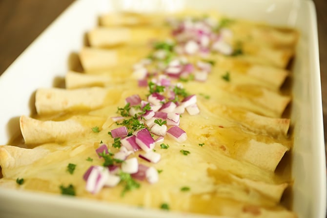 Creamy Chicken Enchiladas in a dish