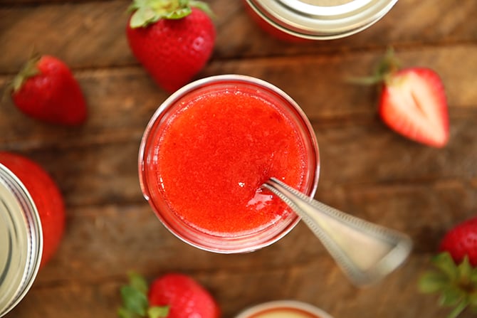 Overhead view of jar of Easy Strawberry Freezer Jam
