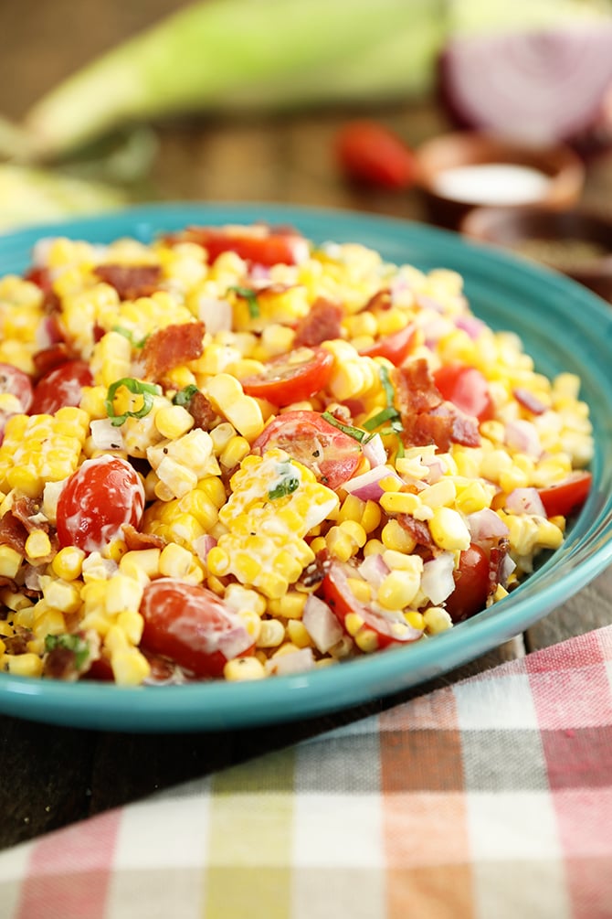 Sweet Corn Salad with Bacon in a teal bowl
