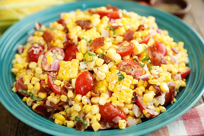 Sweet Corn Salad with Bacon in a teal bowl