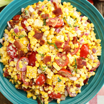 Sweet Corn Salad with Bacon in a teal bowl