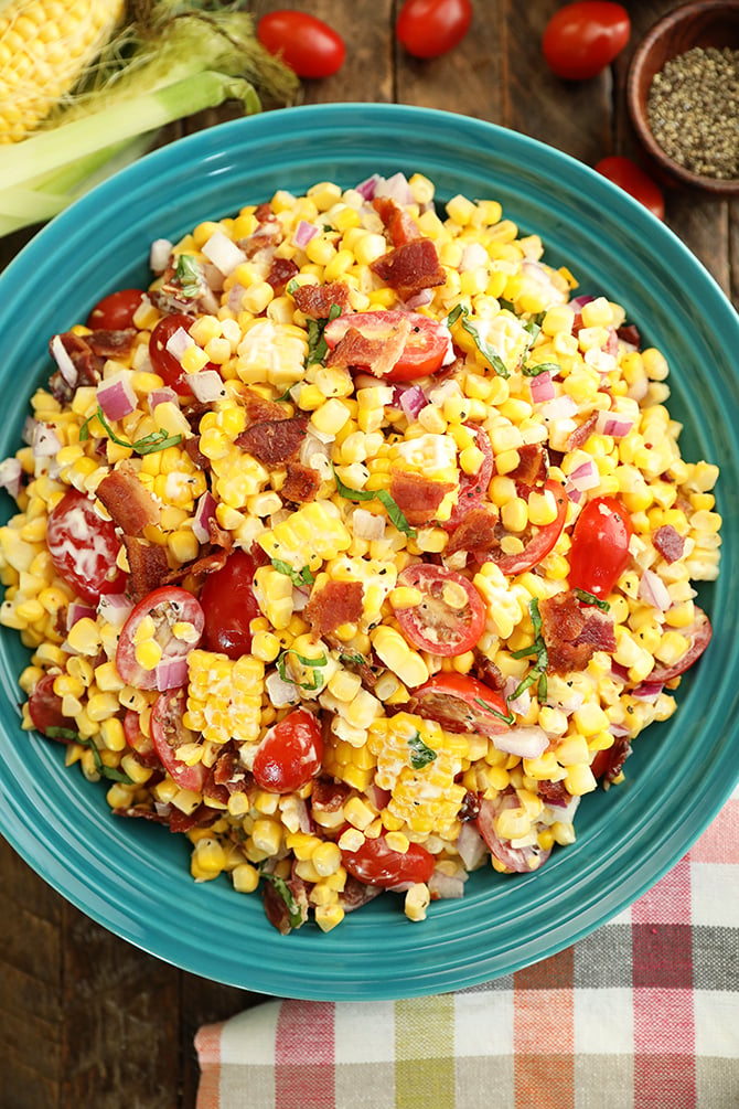 Sweet Corn Salad with Bacon in a teal bowl