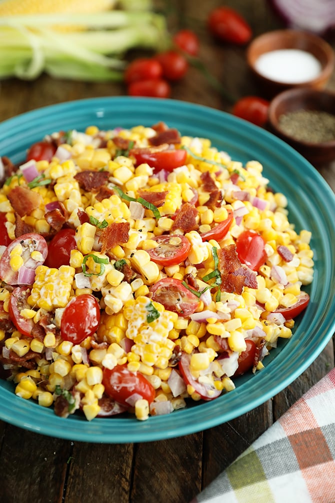 Sweet Corn Salad with Bacon in a teal bowl