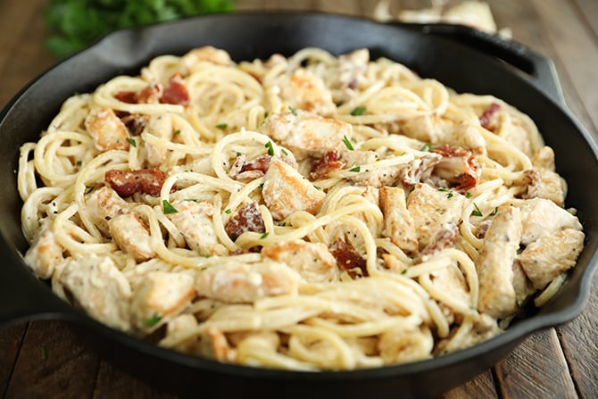 Cream Cheese Bacon Chicken Pasta in a skillet