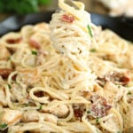 Cream Cheese Bacon Chicken Pasta on a fork