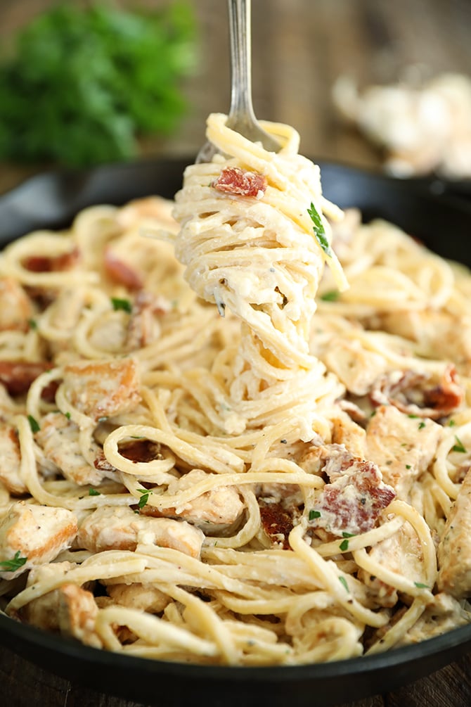Cream Cheese Bacon Chicken Pasta on a fork