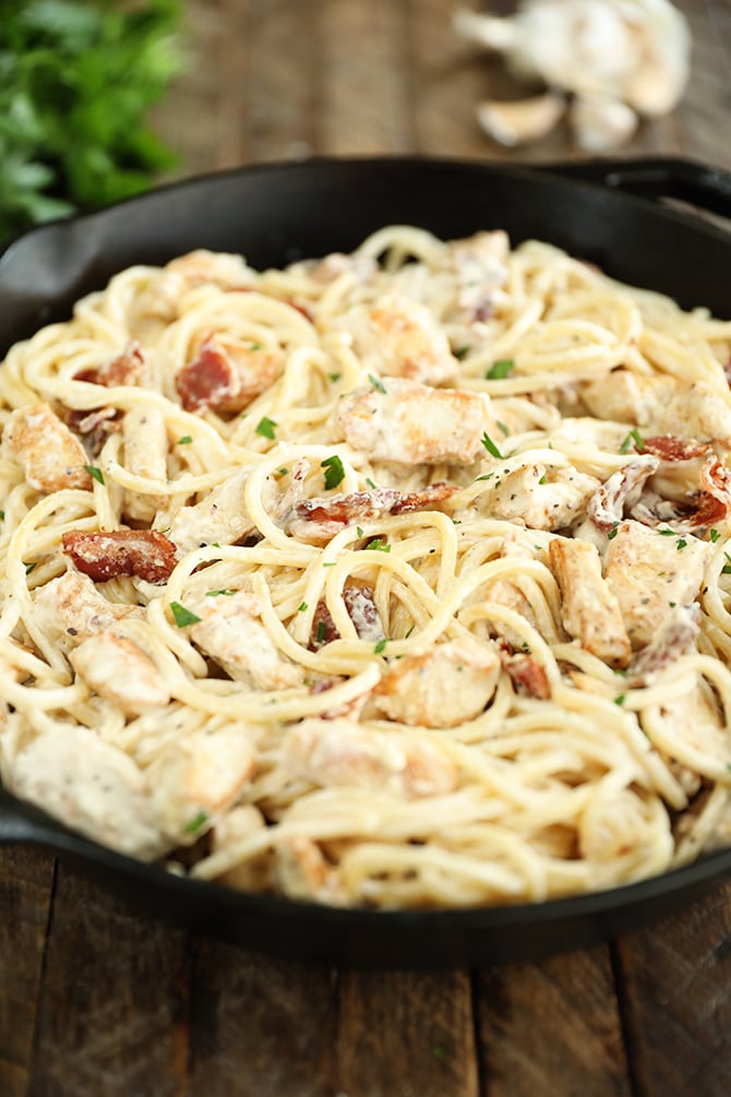 Cream Cheese Bacon Chicken Pasta in a skillet