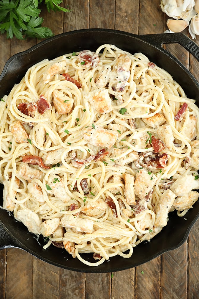 Cream Cheese Bacon Chicken Pasta in a skillet