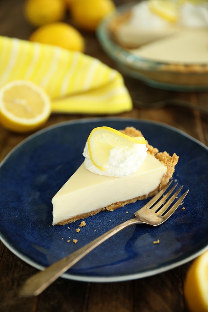 slice of Easy Lemon Cream Pie on blue plate