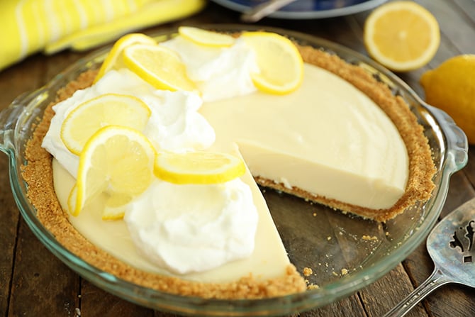 Easy Lemon Cream Pie with slice missing