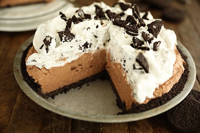 Easy Oreo Chocolate Pie with slice missing