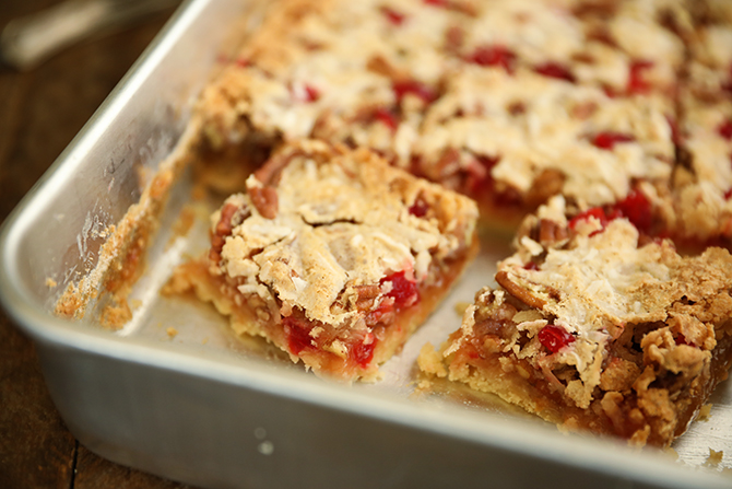 Cherry Coconut Pecan Bars in a baking pan